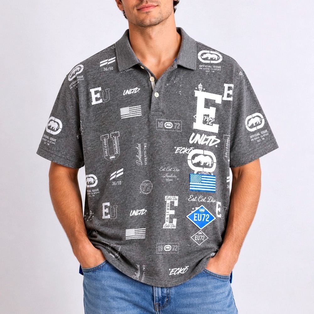 Ecko Unltd Men's XL Gray All Over Graphic Logo Polo Shirt Y2K Streetwear - Picture 3 of 6